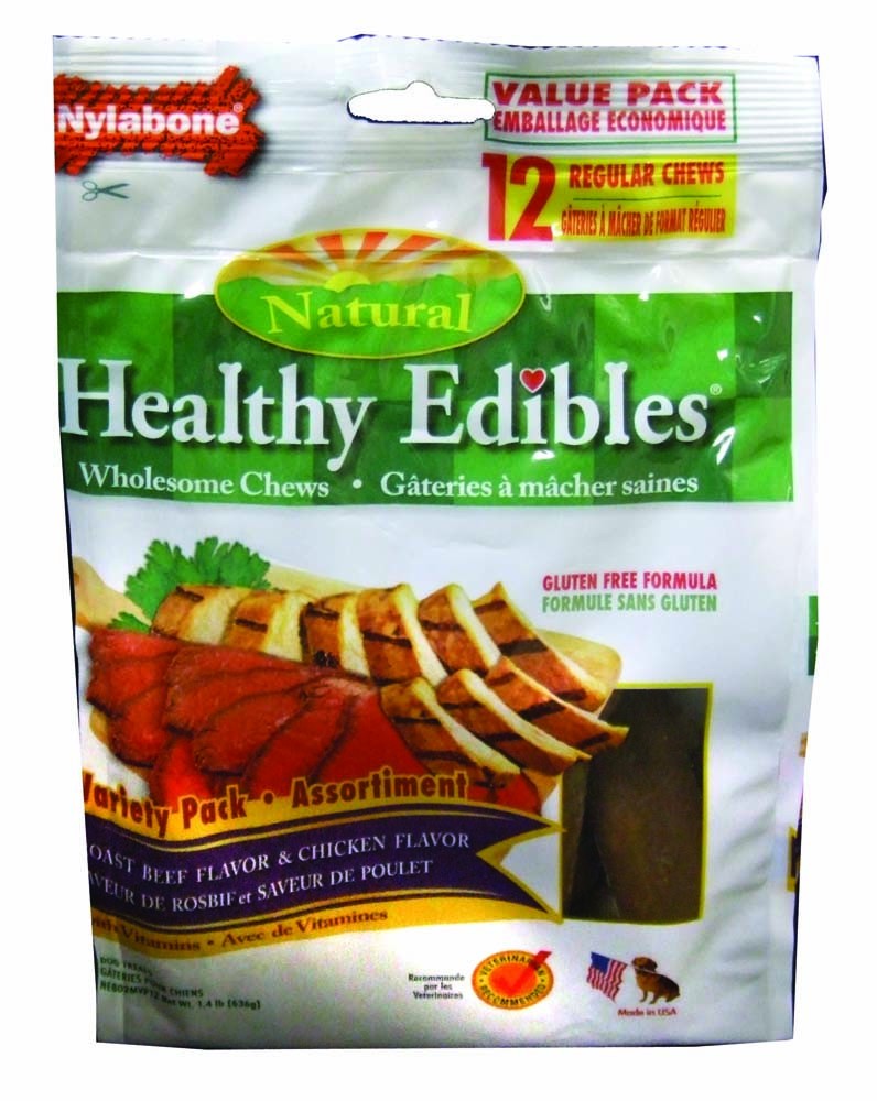 Nylabone Healthy Edibles AllNatural Long Lasting Roast Beef and Chicken Dog Chew Treats Variety, SMall/Regular  Up To 25 Ibs. 12 ct