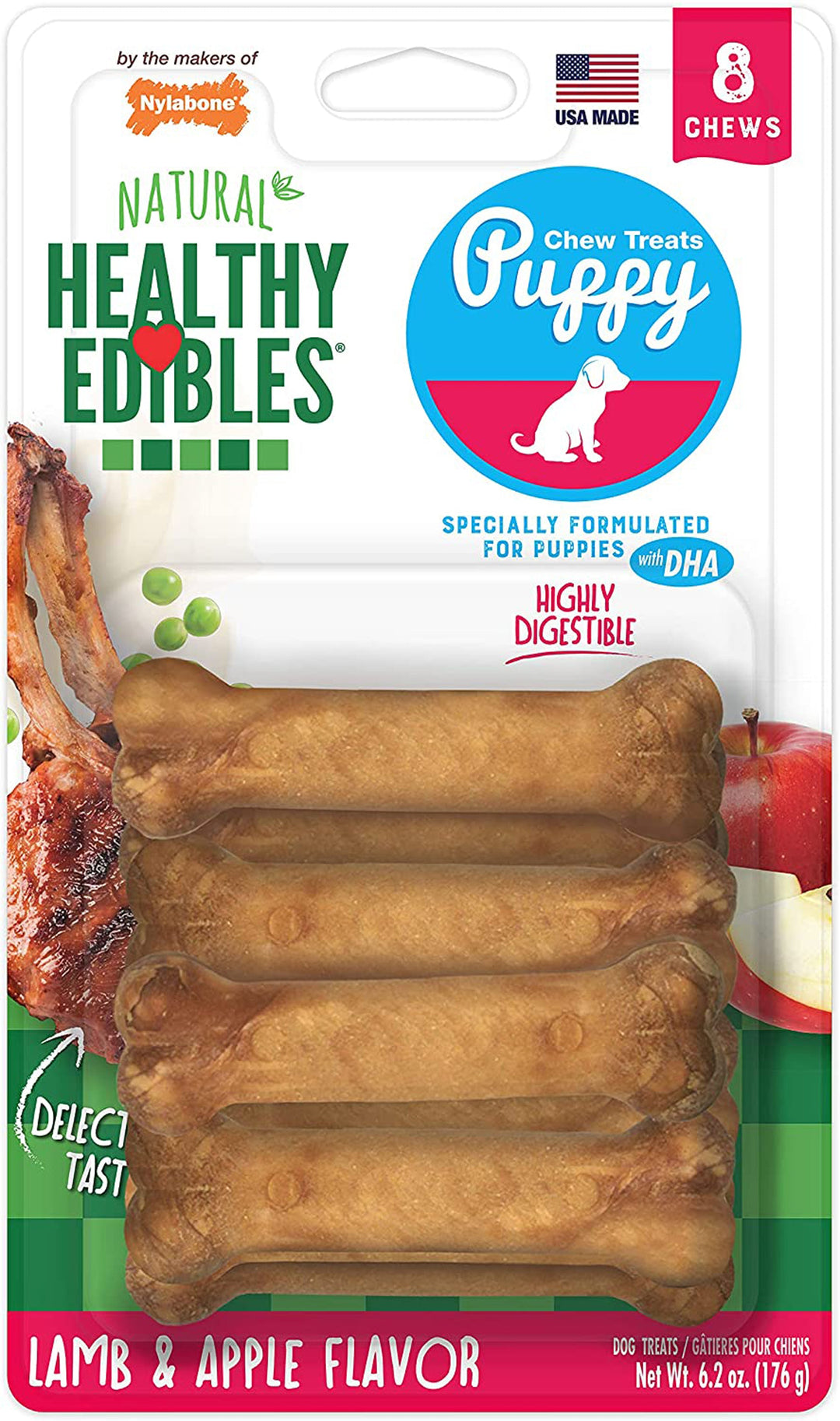 Nylabone Healthy Edibles Puppy Natural Long Lasting Lamb & Apple Dog Chew Treats Lamb & Apple 1ea/Medium - Up To 30 lb