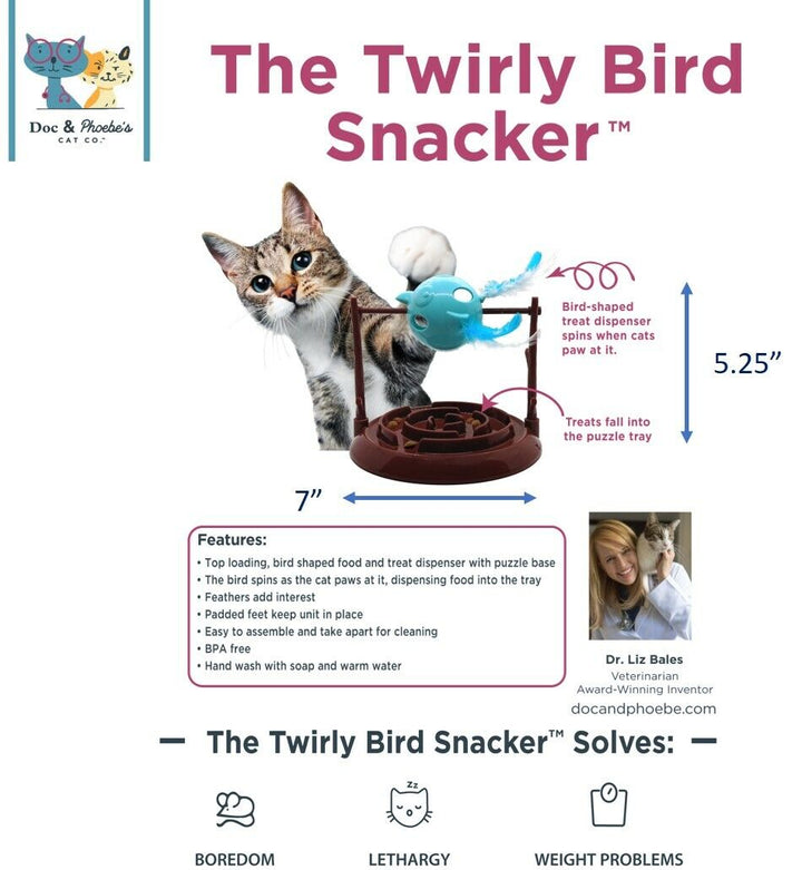 Doc and Phoebe Twirly Bird Cat Treat Dispenser Brown-Blue 5.25in