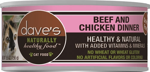 Daves Naturally Healthy Cat Food, Beef and Chicken Dinner 5.5oz. (Case of 24)