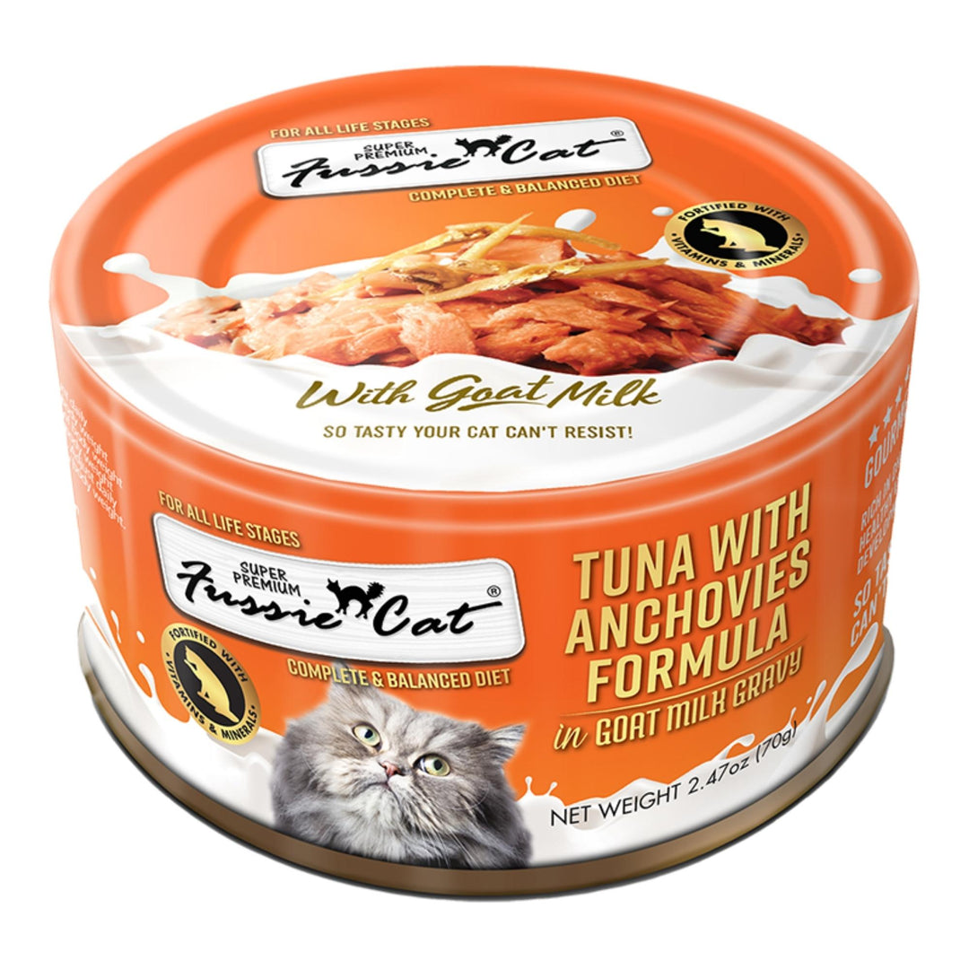 **Fussie Cat Premium Tuna with Anchovies in Goat milk Gravy 2.47oz. (Case of 24)