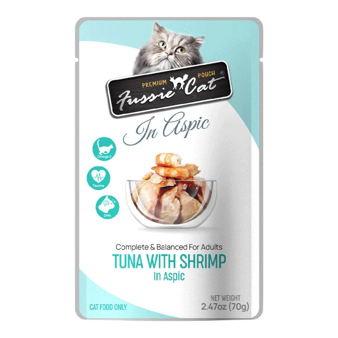 **Fussie Cat Premium Tuna with Shrimp in Aspic 2.47oz. Pouch