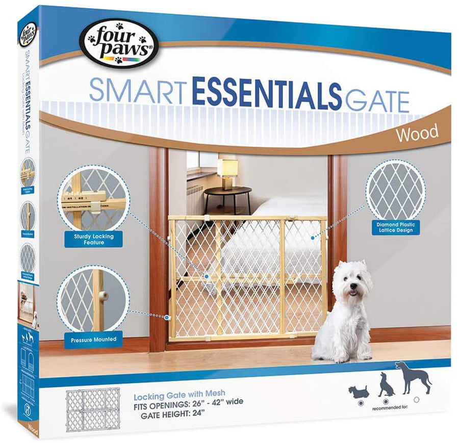 Four Paws Locking Wood Gate with Mesh 1ea-2642 in W X 24 in H